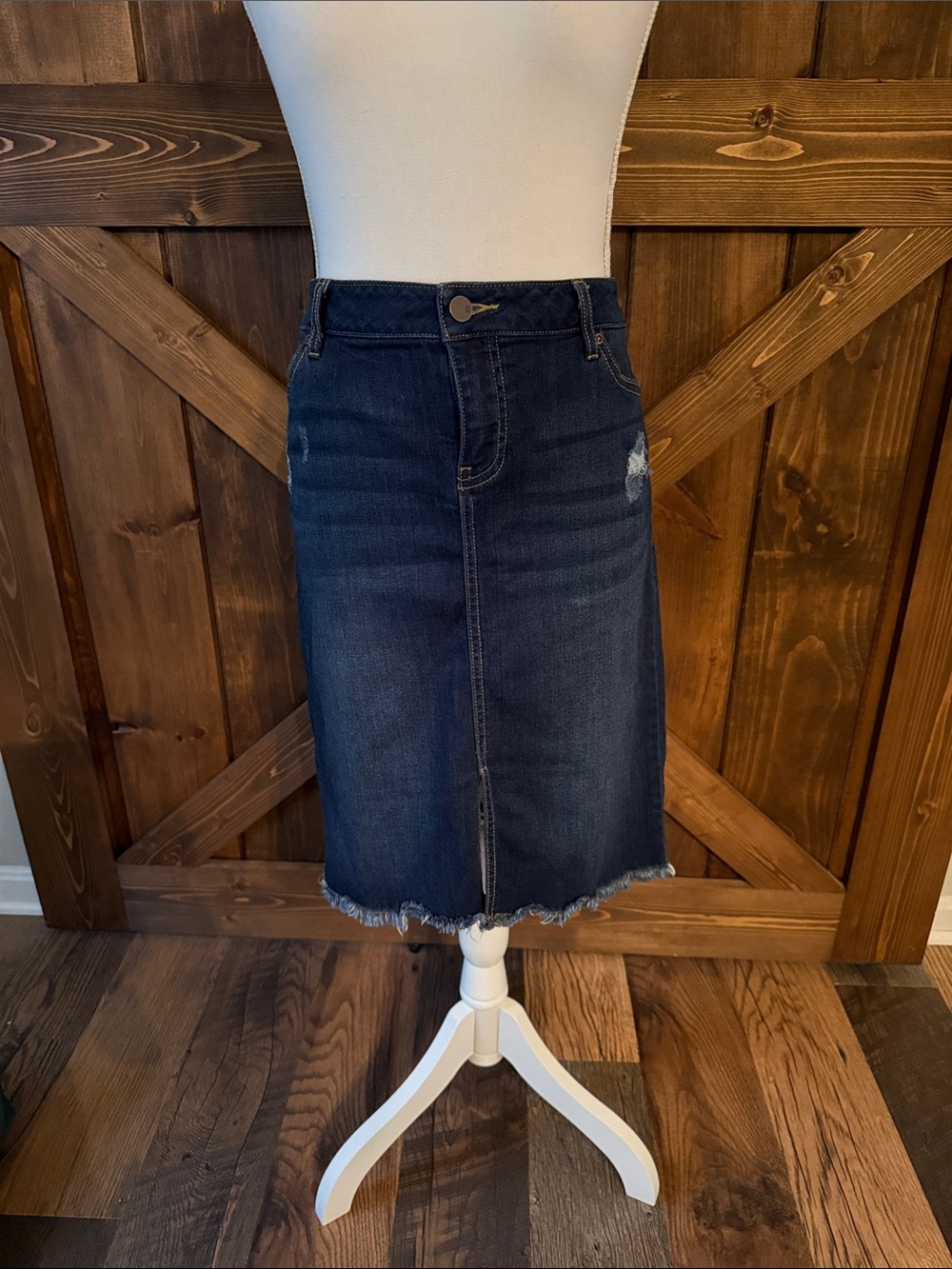 New York & Company Dark Blue Denim Midi Skirt with Frayed Hem